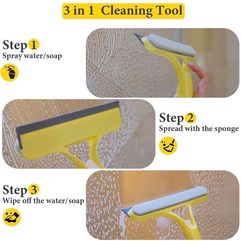 3 in 1 Window Cleaning Tool with Spray, Lightweight Squeegee and Microfiber Scrubber for Car Windshield, Bathroom, Kitchen, Glass, Mirror, and Home Window Surfaces